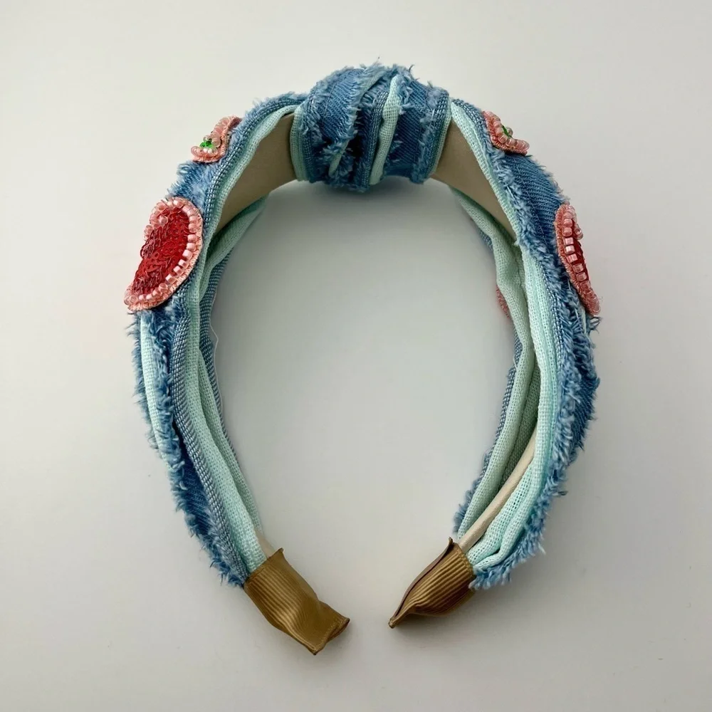 Embellished Denim Headband with Cherry Design NEW